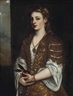 Titian, Portrait of a lady, three-quarter-length, in a gold brocade dress with pearl buttons, wearing a coral necklace with a pearl-drop pendant, holding a piece of fruit, in an interior