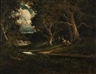 William Keith, Figures, stream and cottages in a wooded glade