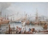George Bryant Campion, FIGURES AND ANIMALS AT A BUSY WATERFRONT, VESSELS IN HARBOUR BEYOND