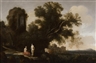 Moses van Uyttenbroeck, A landscape with two figures in the foreground, a Bacchic procession in the distance and with the ruins of a temple on a cliff above