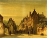 Petrus Gerardus Vertin, Dutch Street Scene with Parading Soldiers in the Middle Ground