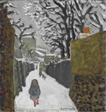 Paysage de neige, enfant au capuchon