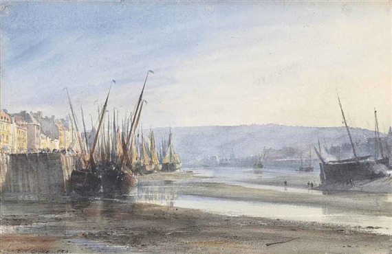 Edward William Cooke, Boats moored at Dieppe Harbour: low tide