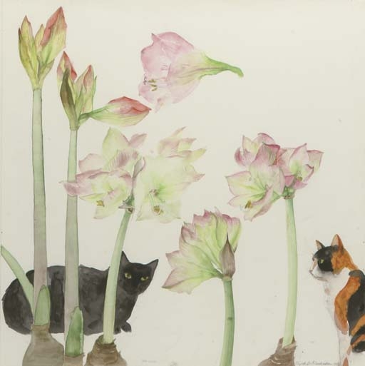 Elizabeth Blackadder | Amaryllis and Cats (1987) | MutualArt