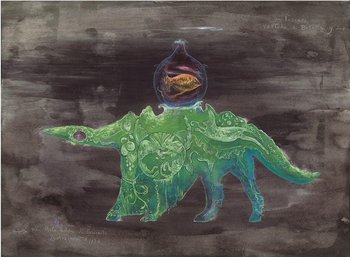 Leonora Carrington | Un pescado vestido de botella y una mula vestida de  cocodrilo (1977) | MutualArt
