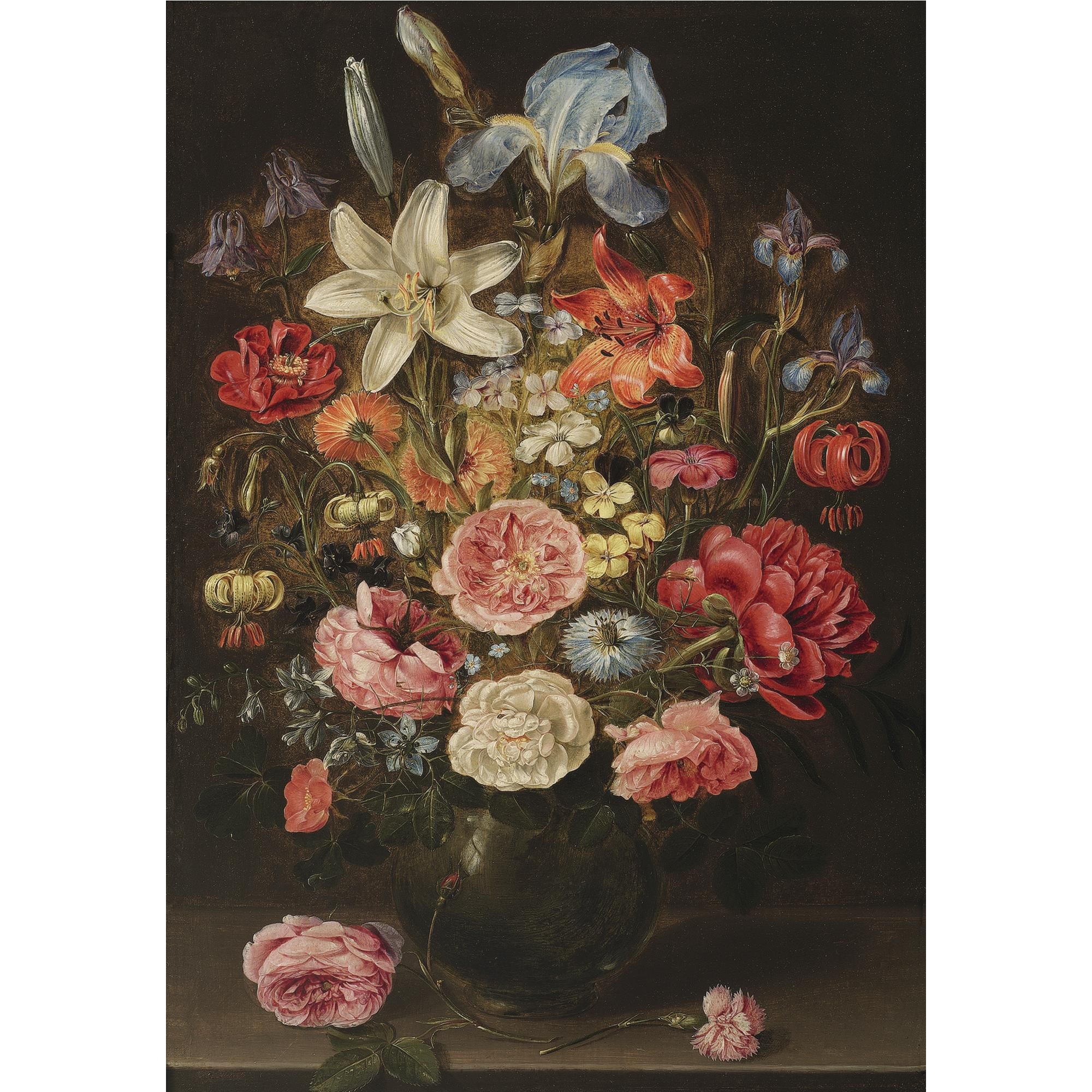 Clara Peeters, A still life of lilies, roses, iris, pansies, columbine,  love-in-a-mist, larkspur and other flowers in a glass vase on a table top,  flanked by a rose and a carnation