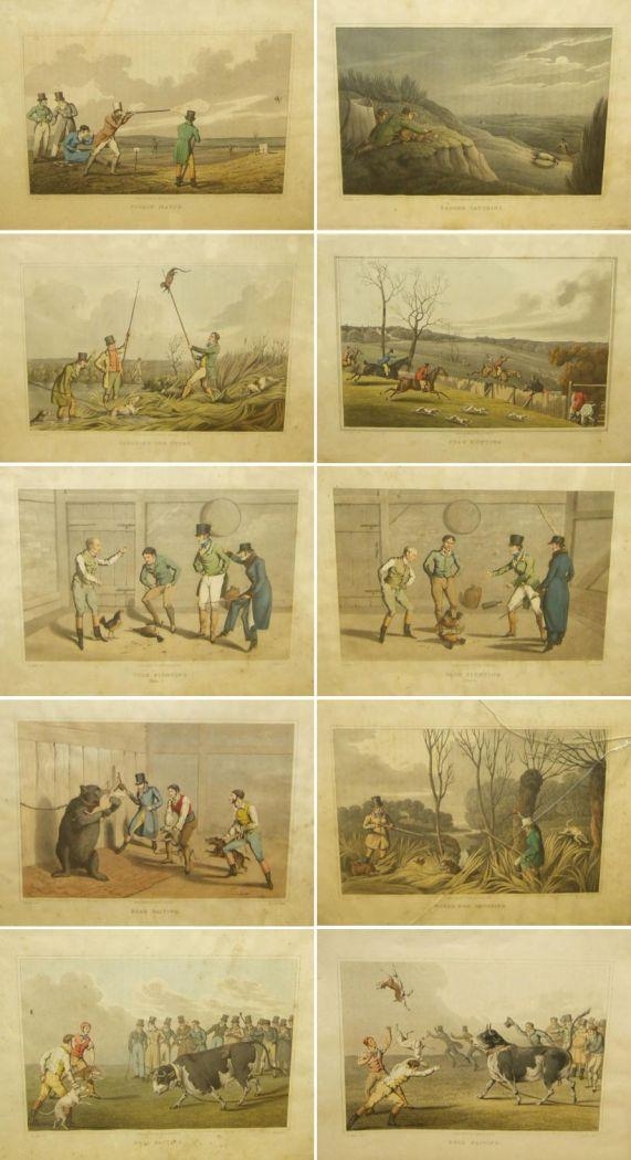 Henry Thomas Alken, 10 works: Pigeon Match; Spearing the Otter; Badger  Catching; Cock Fighting Plate 1; Cock Fighting Plate 2; Stag Hunting; Water  Hen Shooting; Bear Baiting; Bull Baiting; Bull Baiting (1820)