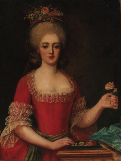 Antoine Vestier | Portrait of a lady, half-length, in a red dress trimmed  with lace, a carnation in her left hand | MutualArt