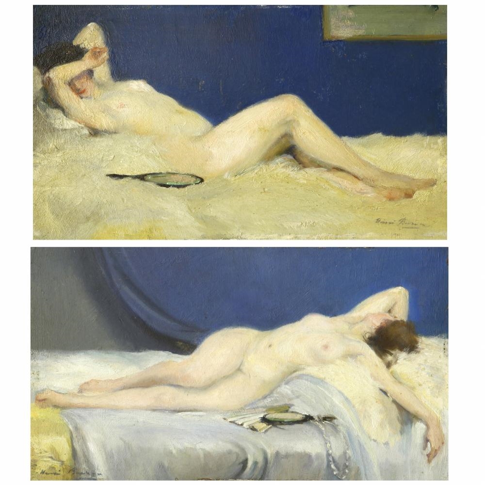 Henri Lucien-Joseph Buron 2 WORKS NUDE WOMAN WITH A HAND MIRROR MutualArt