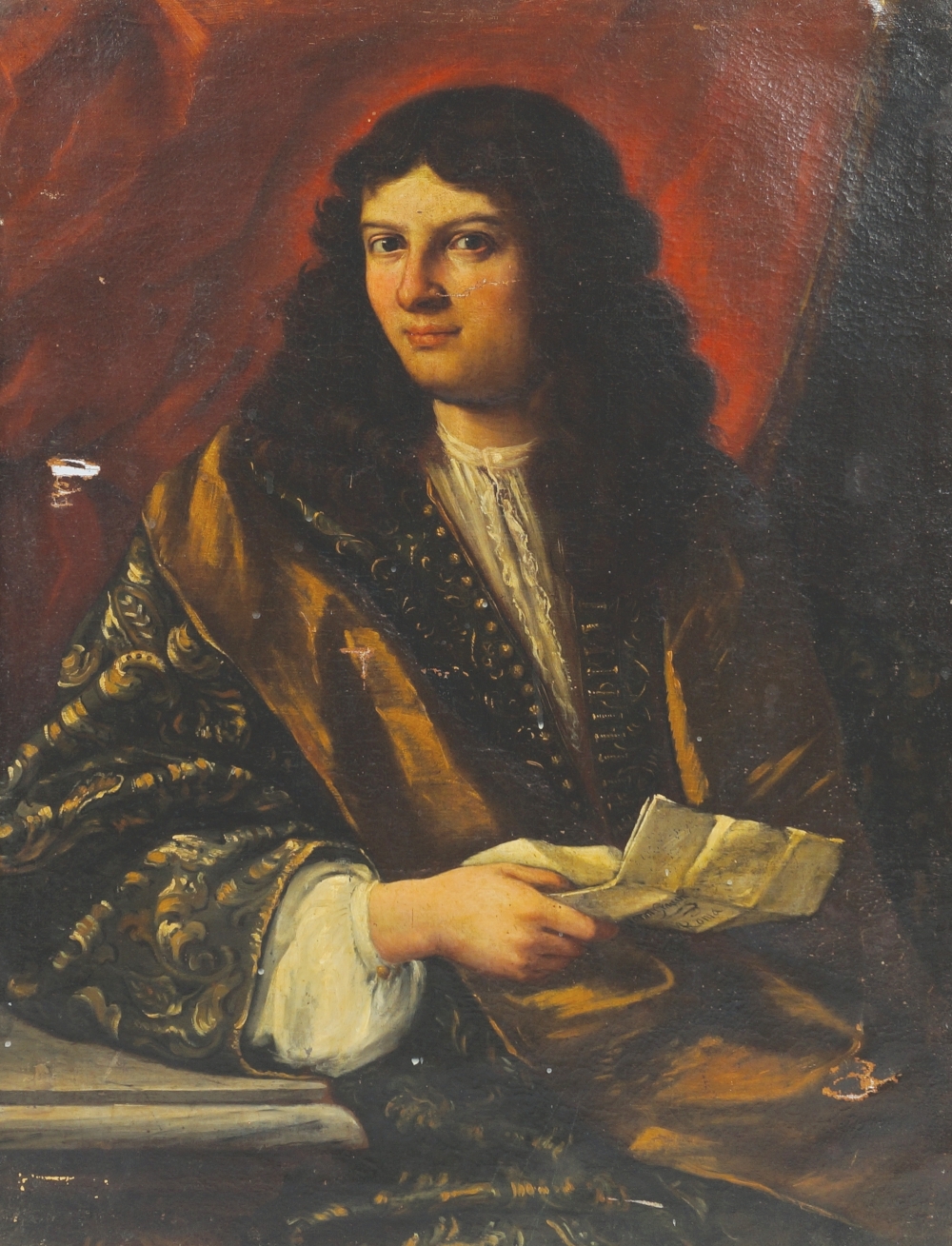 Italian School, 17th Century | Portrait of a young man with long hair  wearing a silk robe, holding a letter in his left hand inscribed Gianni  Ginucchi, Roma (17th Century) | MutualArt