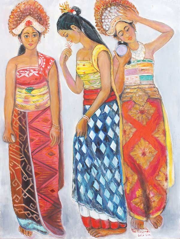 バリ絵画:tiga gadis(少女3人) バリ絵画:tiga gadis(少女3人) - メルカリ