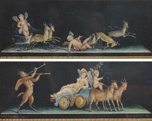Giovanni Gallo Pompei Cupid Chariot with Goats Gouache Framed 