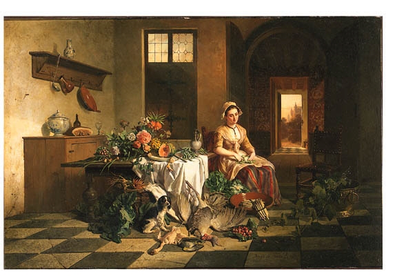 Kitchen maid with game and vegetables