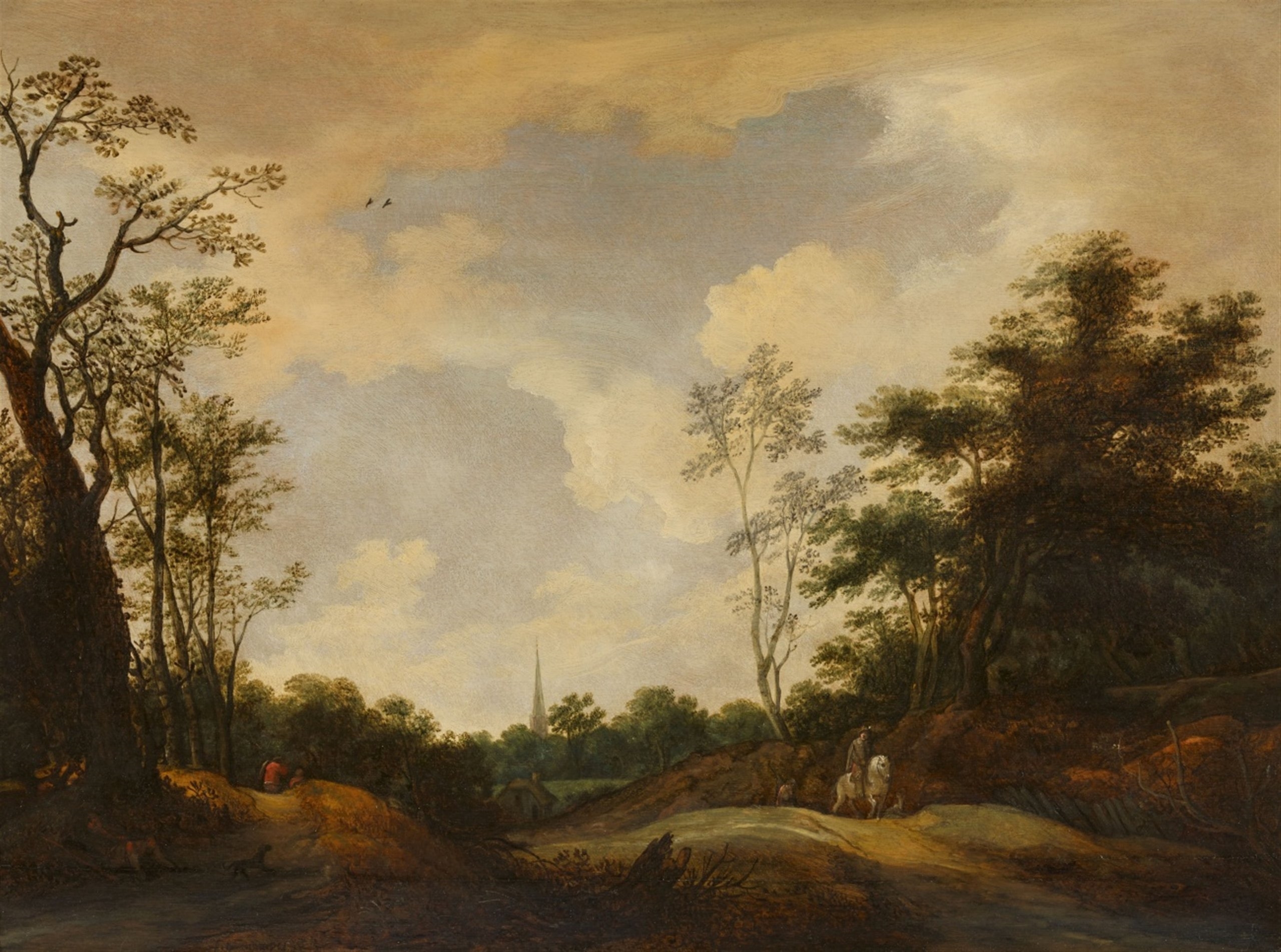 Belgian landscape sky and distant village signed Frans Vanstalle trees