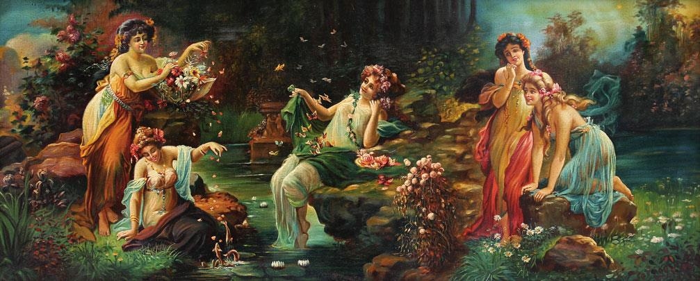 Hans Zatzka Funf Junge Damen An Einem See Mit Schmetterlingen U Springenden Fischlein Mutualart