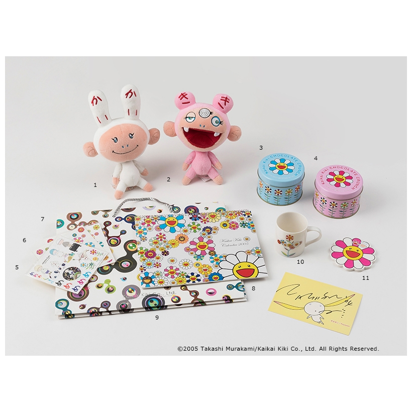 Takashi Murakami, 11 works : Plush Doll kaiaki-chan, Chocolate Crunch  blue, Chocolate Crunch pink,Sticker Jellyfish Sticker Flower Sticker  ,Flower ,Kaikaikiki calendar 2005,Paper bag, Jellyfish, Flower Mug ,Flower  Coaster (2005)