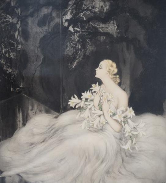 Louis Icart | Dame en blanc au bouquet de lys (1934) | MutualArt