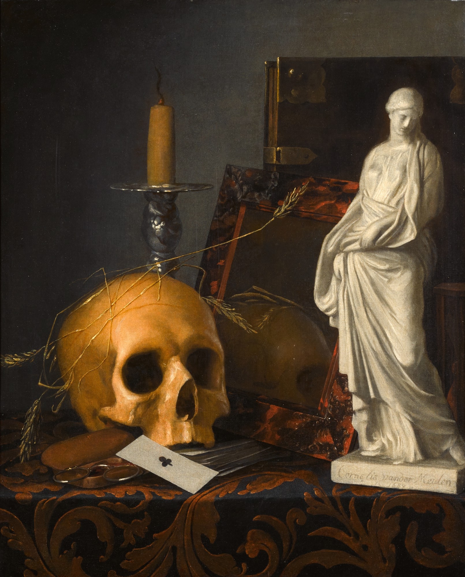 Cornelis Vermeulen | VANITAS STILL LIFE WITH A SKULL, A GUTTERING