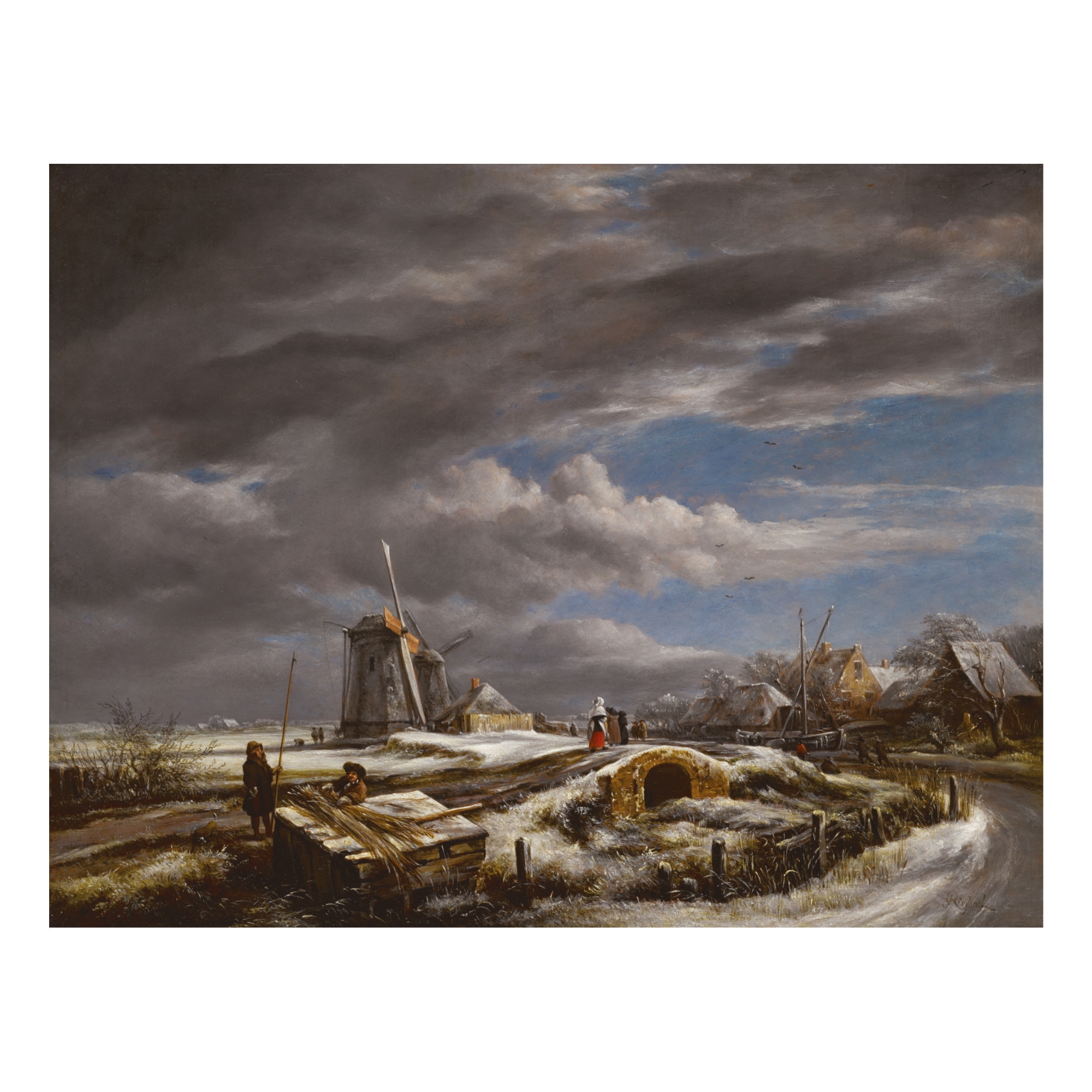 John Constable A Winter Landscape With Figures On A Path A Footbridge And Windmills Beyond After Jacob Van Ruisdael Mutualart