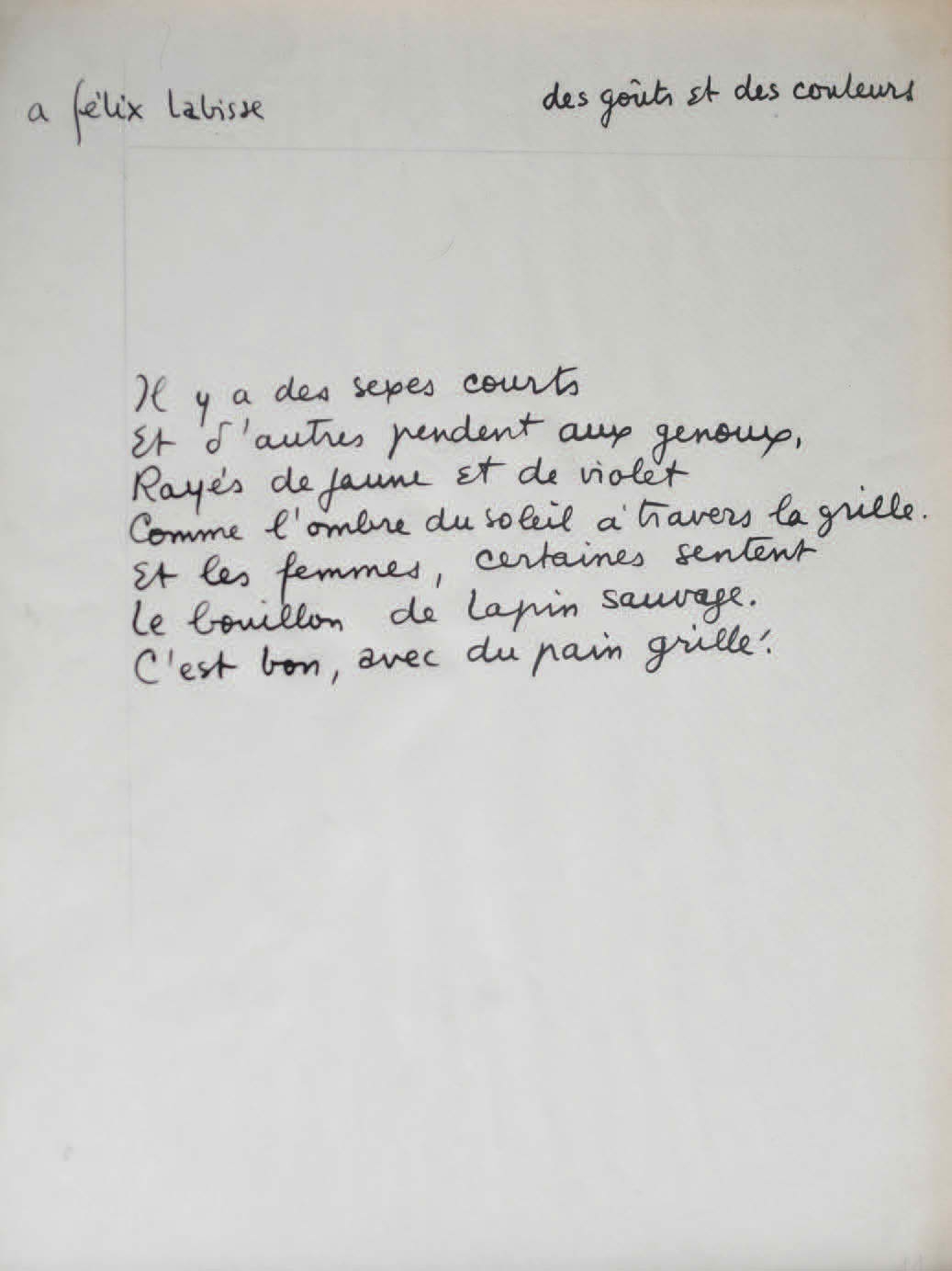 Boris Vian | Poème autographe, Des goûts et des couleurs (1949