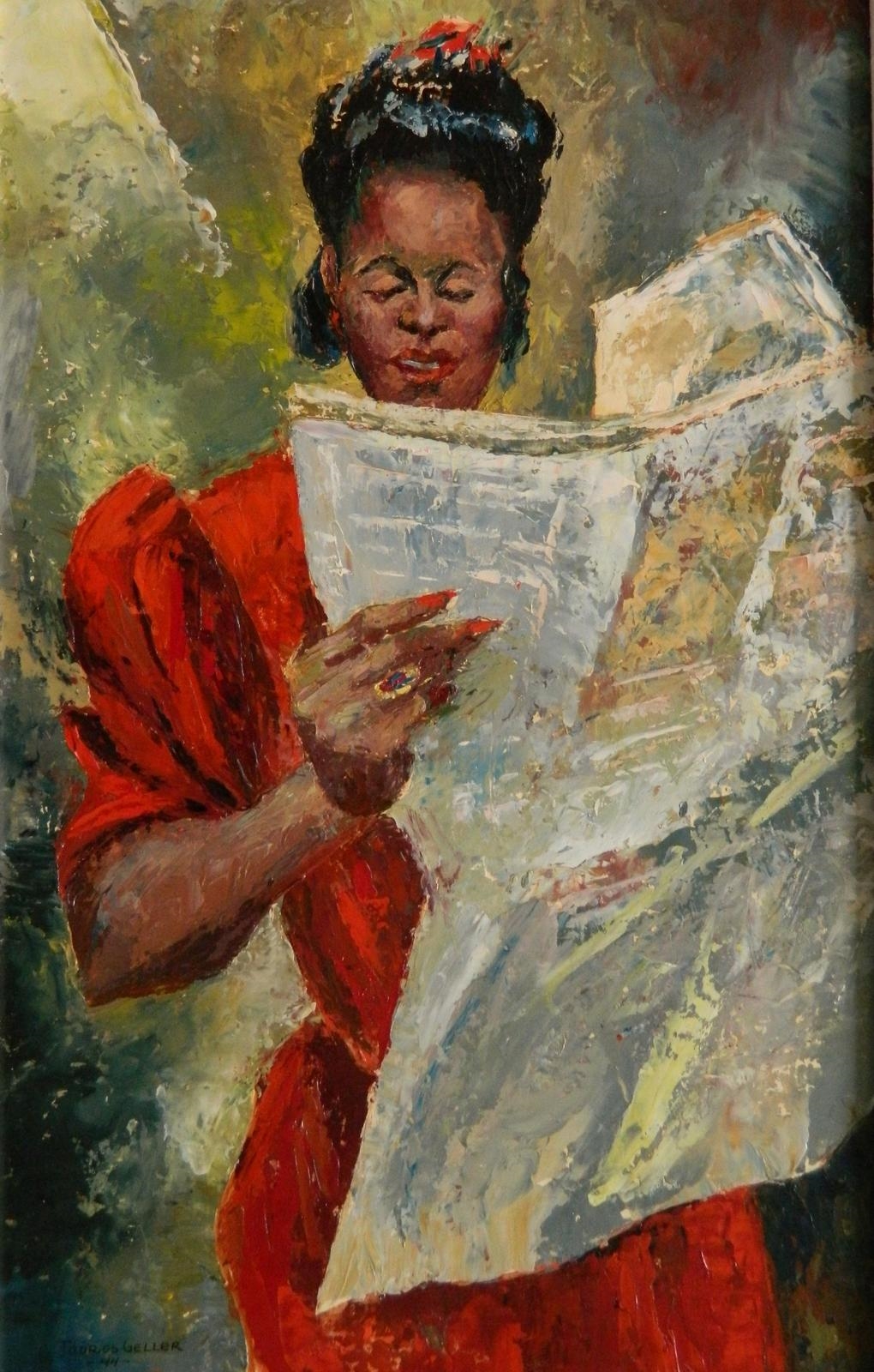 woman reading newspaper painting