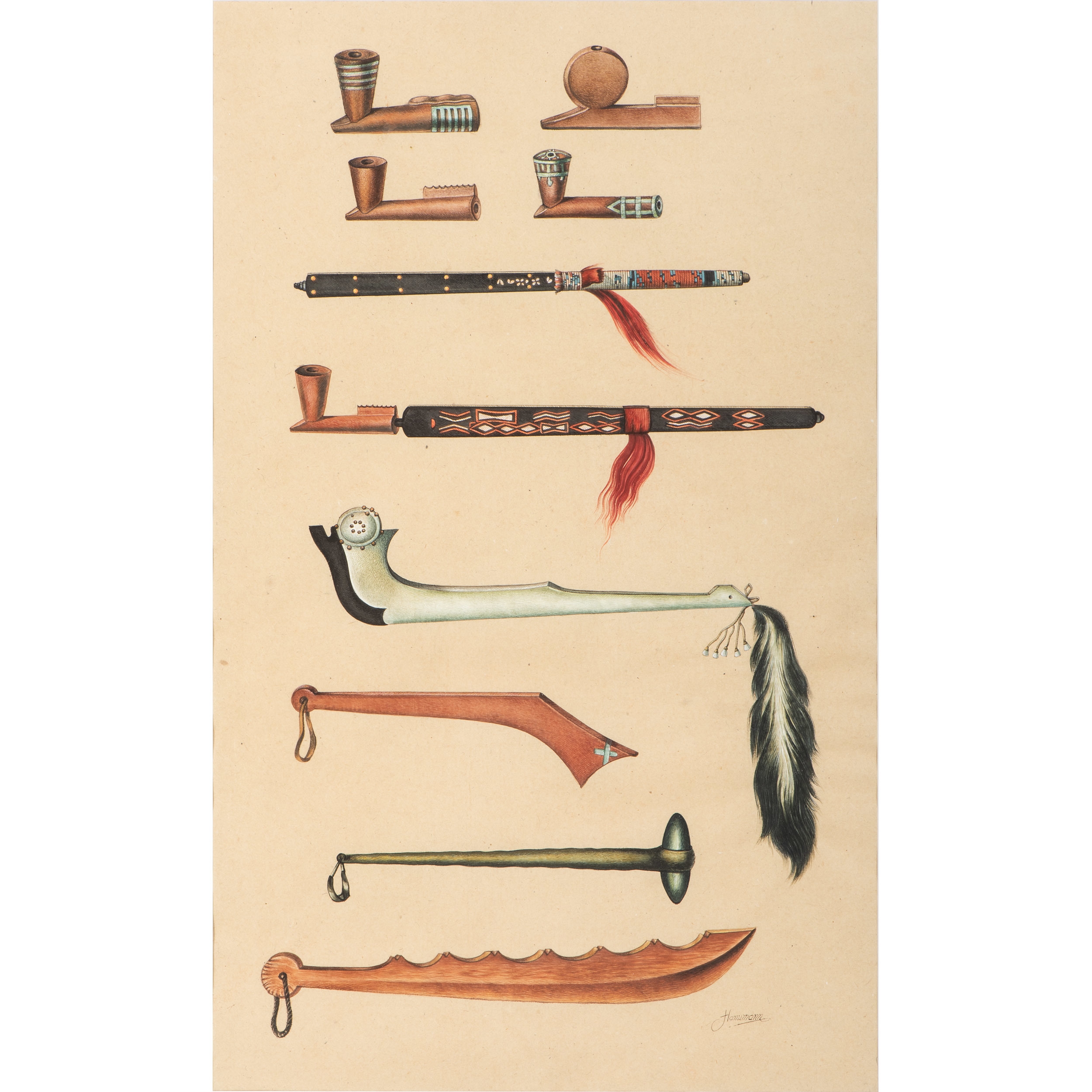 Karl Bodmer | A collection of various Native American pipes and 