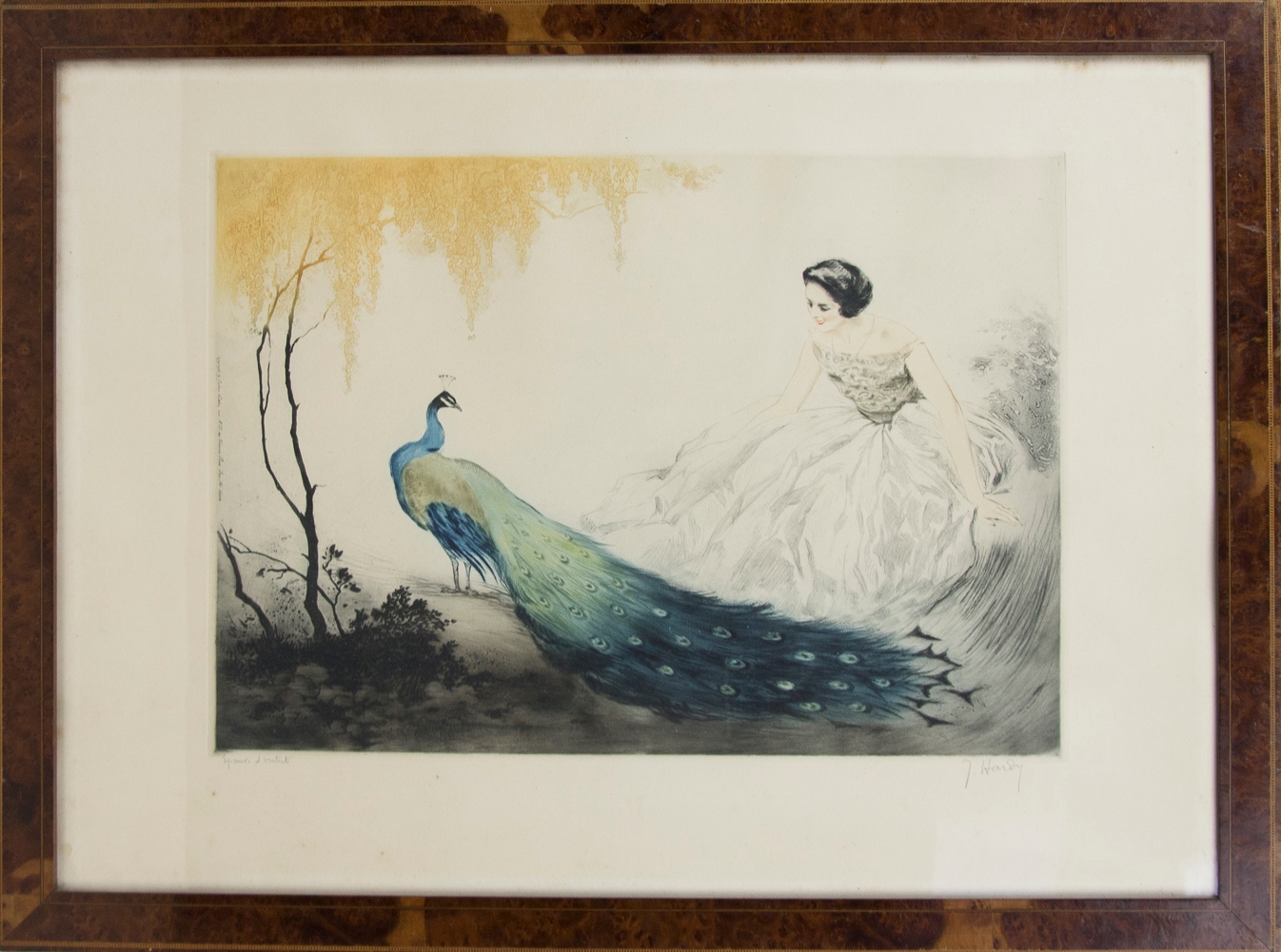 jean hardy リトグラフ　Lady with Peacock Jean Hardy | Two Works: Scene with an elegant young lady and a