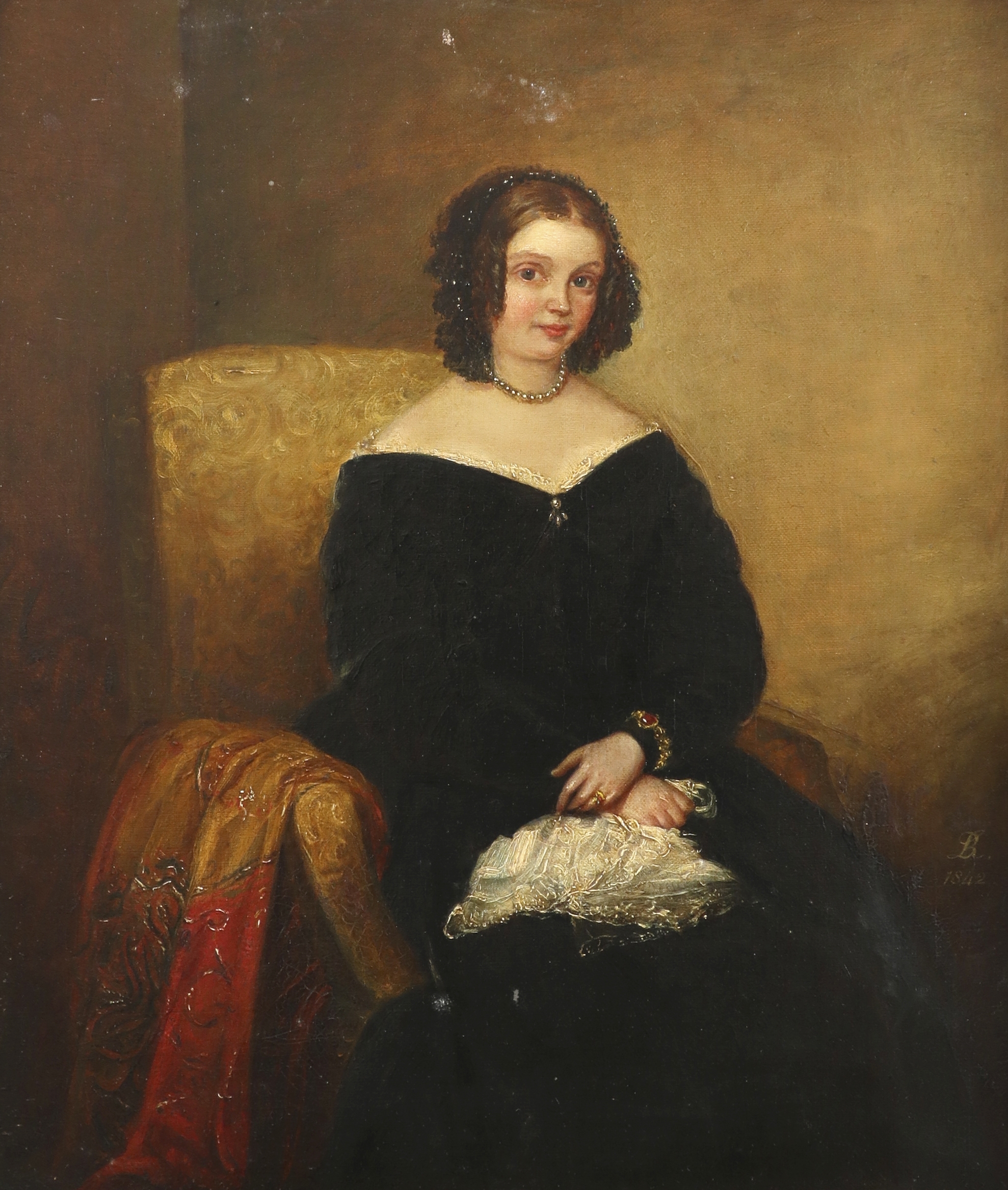 British School, 19th Century | Portrait of a lady, seated, wearing a black  dress and a pearl necklace in her hair | MutualArt