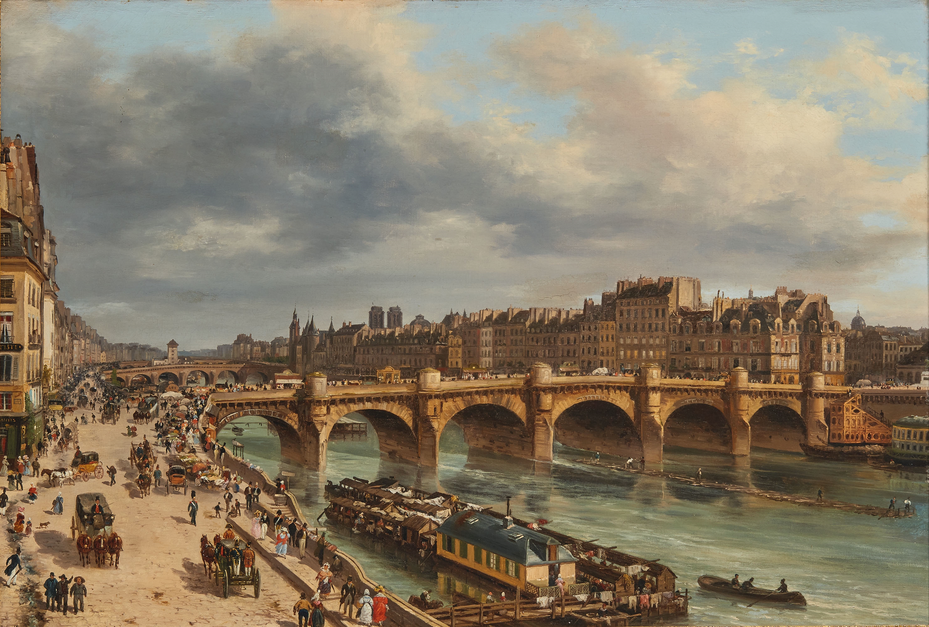 Oil painting le pont neuf, paris the pont neuf, paris cityscape with  figures art