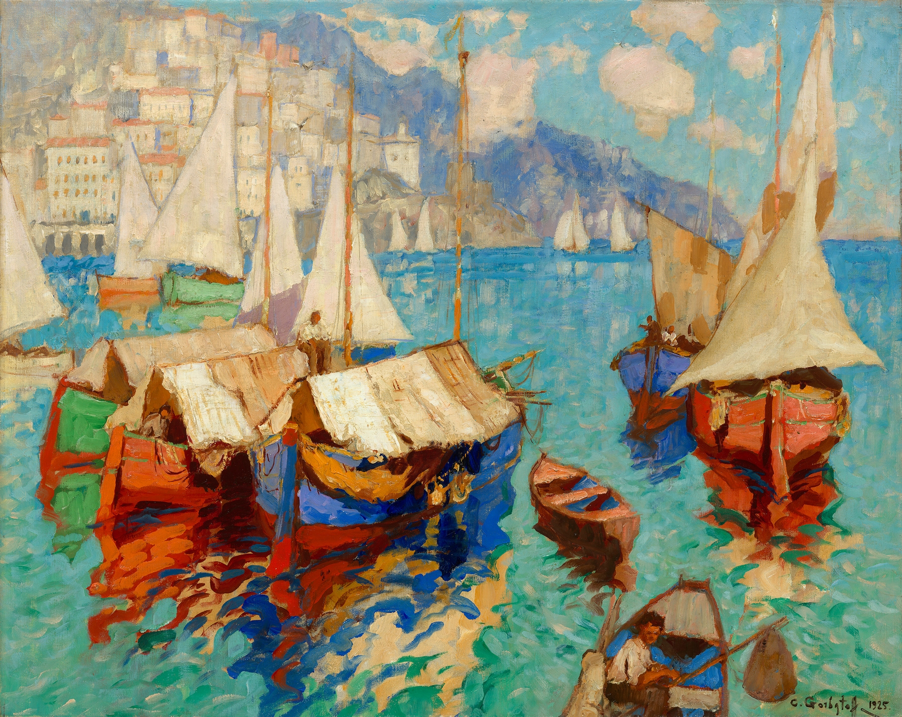 Life on the River Pskov landscape & sail boat Oil painting Gorbatov Konstantin 