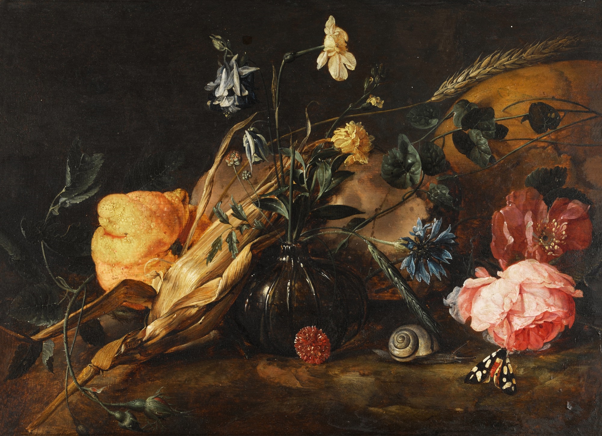 Jan Davidsz de Heem | Still life with flowers in a glass vase, a lemon, an  ear of corn, with a snail and butterflies beside a skull | MutualArt