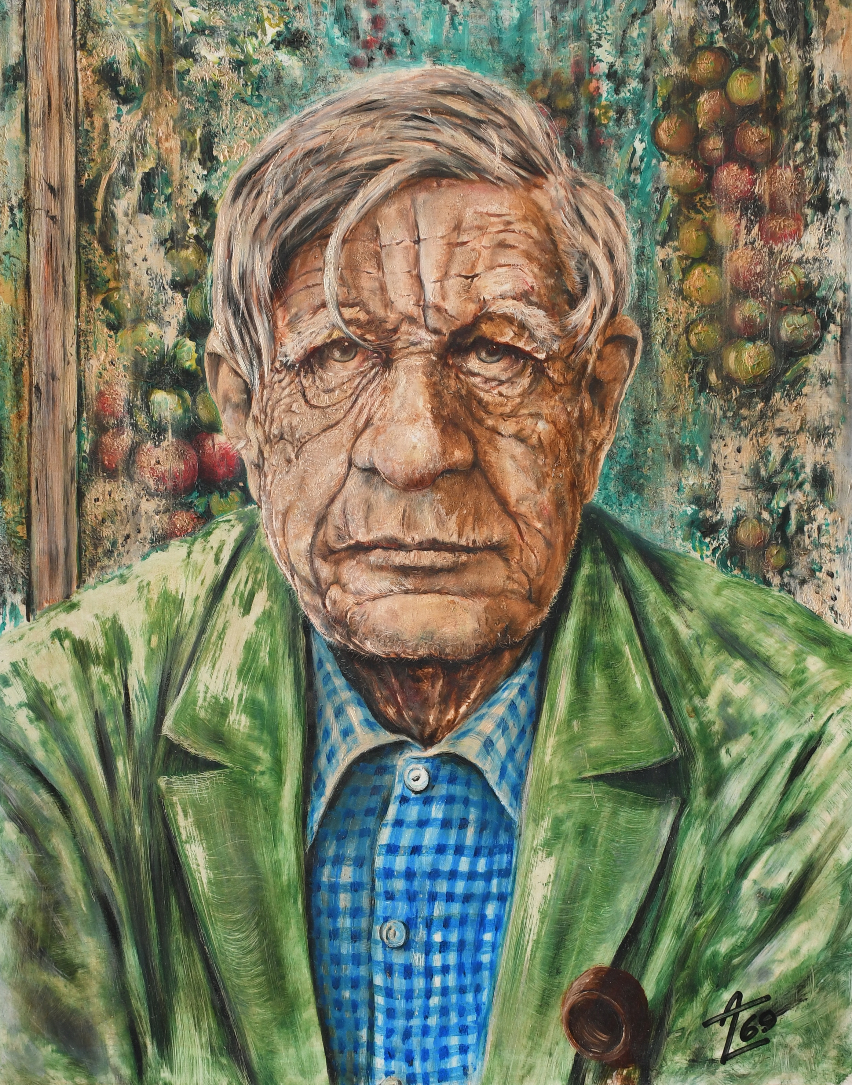 British School, 20th Century, Portrait of W. H. Auden (1907-1973), wearing  a blue check shirt and green jacket