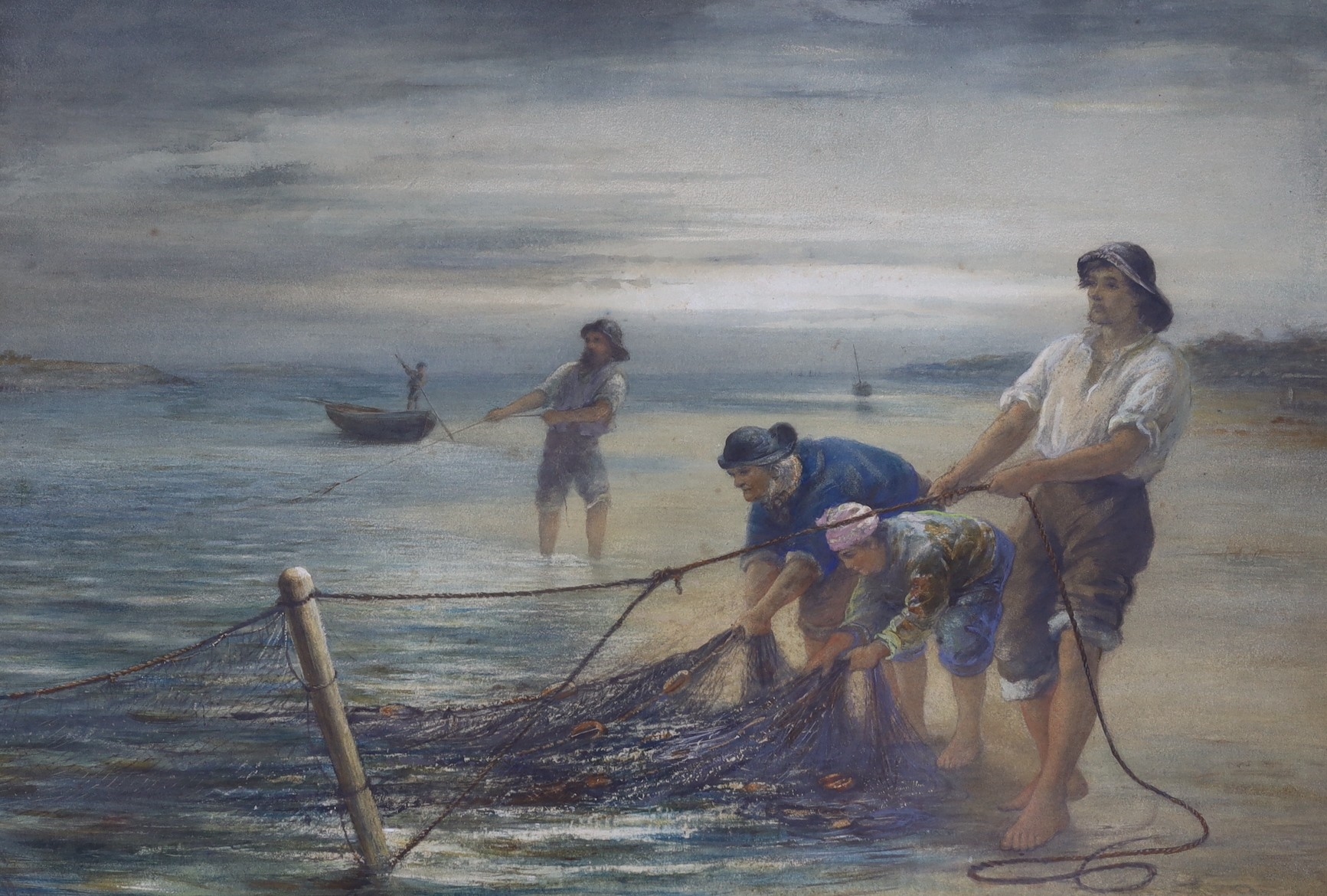 English School, 19th Century, Fishermen hauling nets (Circa 1900)