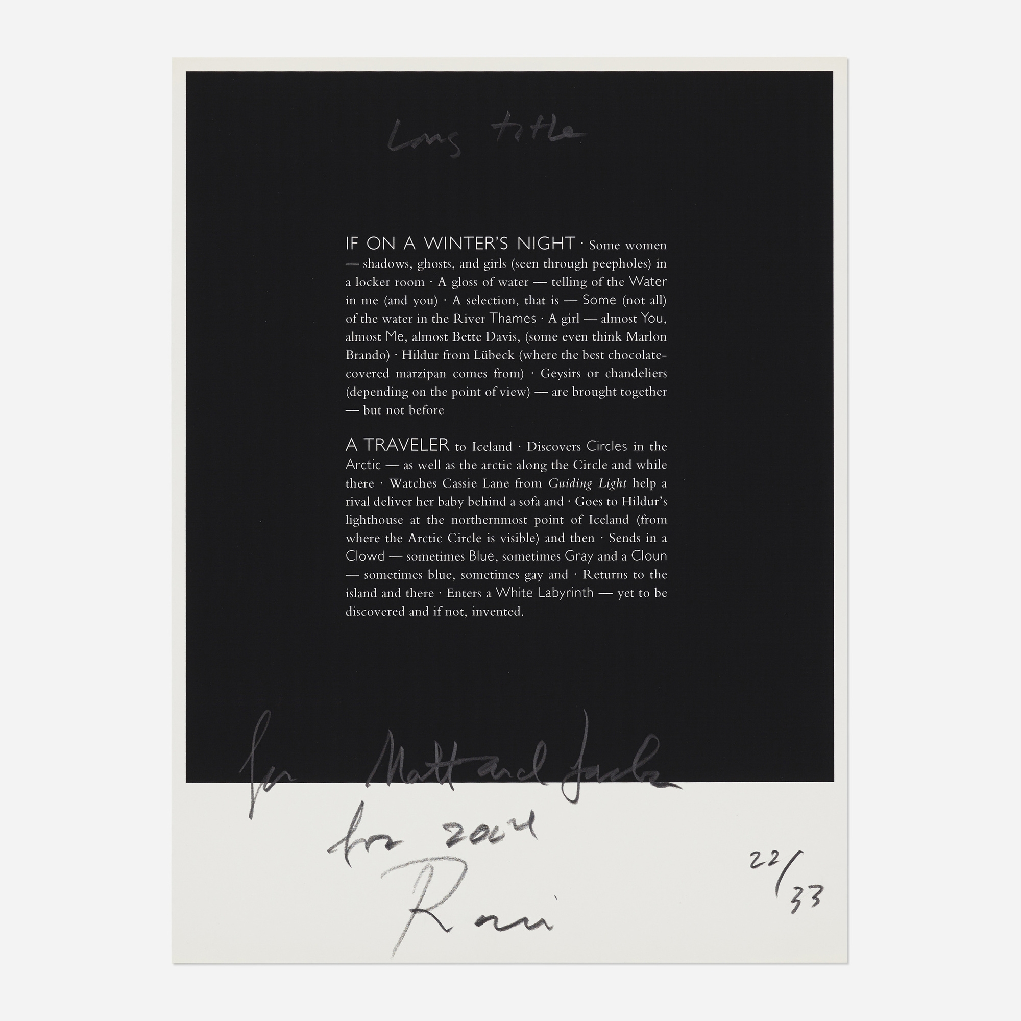 Roni Horn | If on a Winter's Night (1974 - 2004) | MutualArt