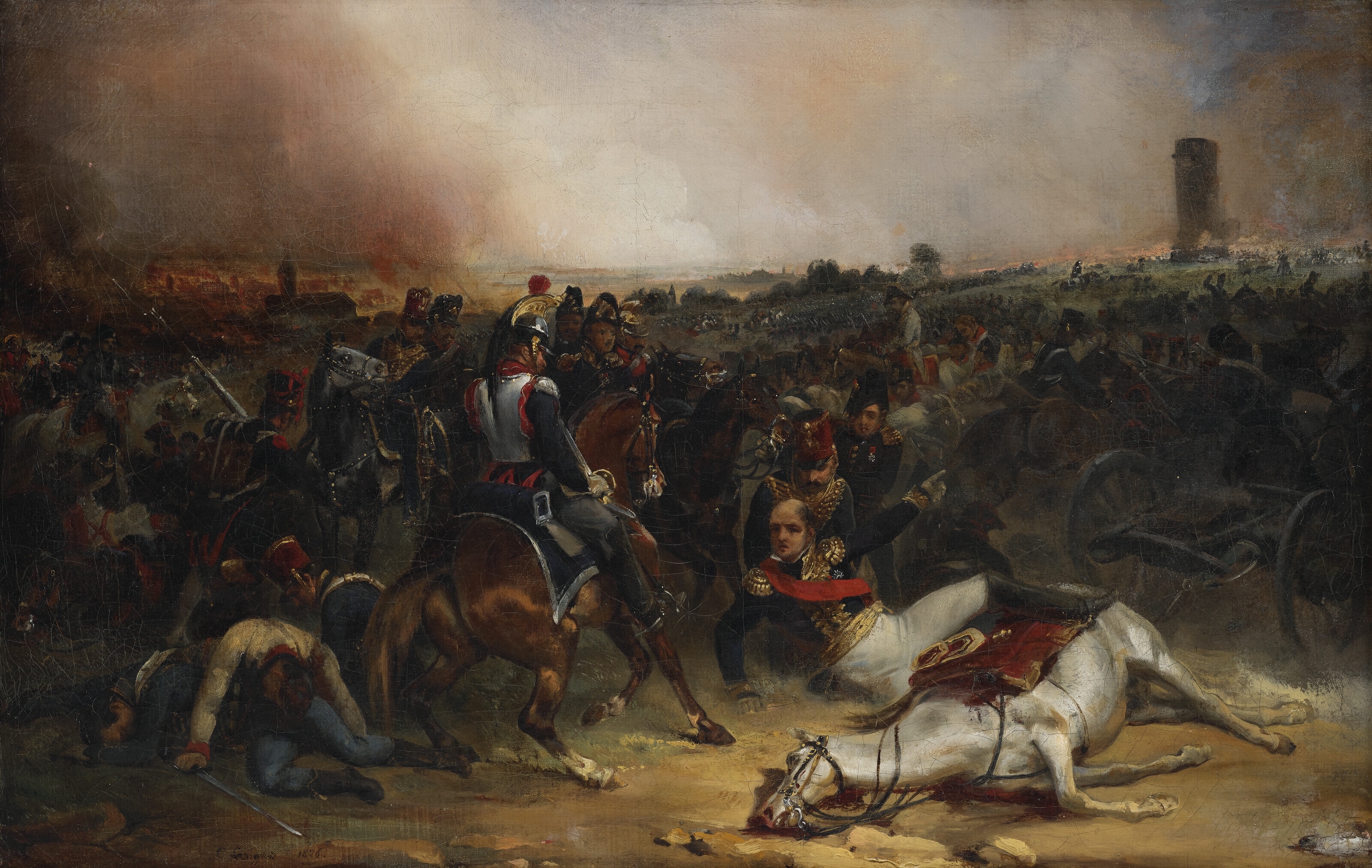 Jean-Charles Langlois, Le maréchal d'Empire Louis Nicolas Davout, tombé de  cheval, ordonne l'assaut de Markgrafneusiedl lors de la bataille de Wagram  (1826)