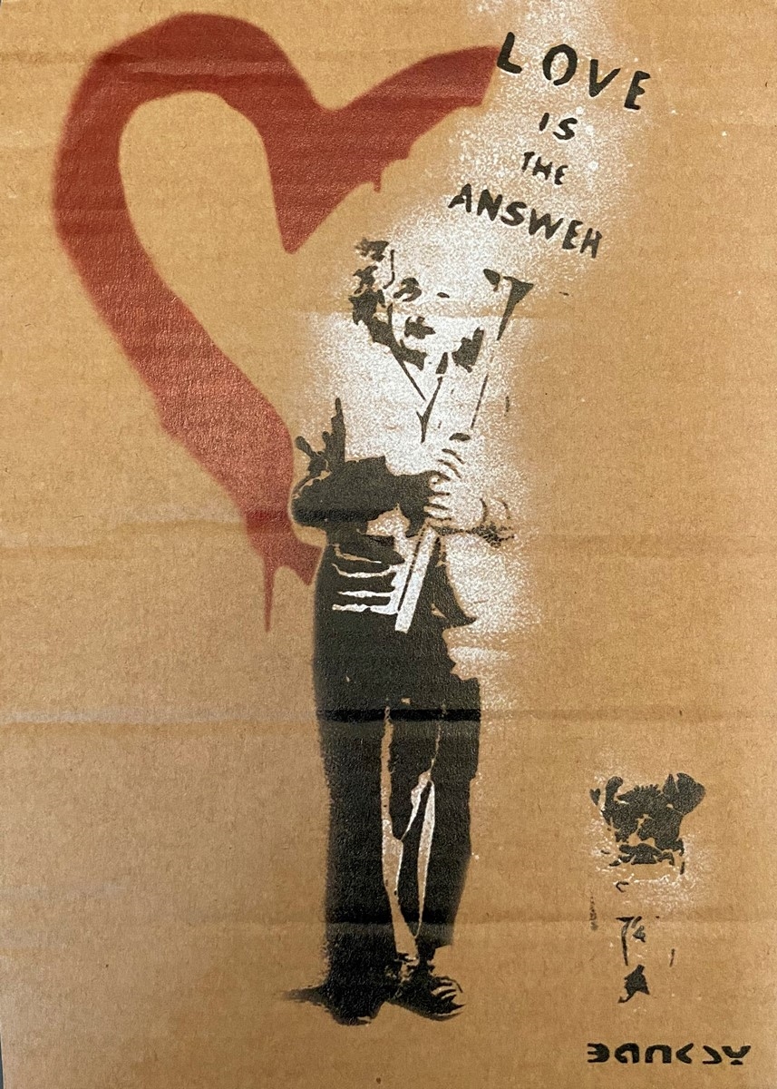 Banksy, Spray paint and stencil on cardboard, signed and numbered 50  copies.