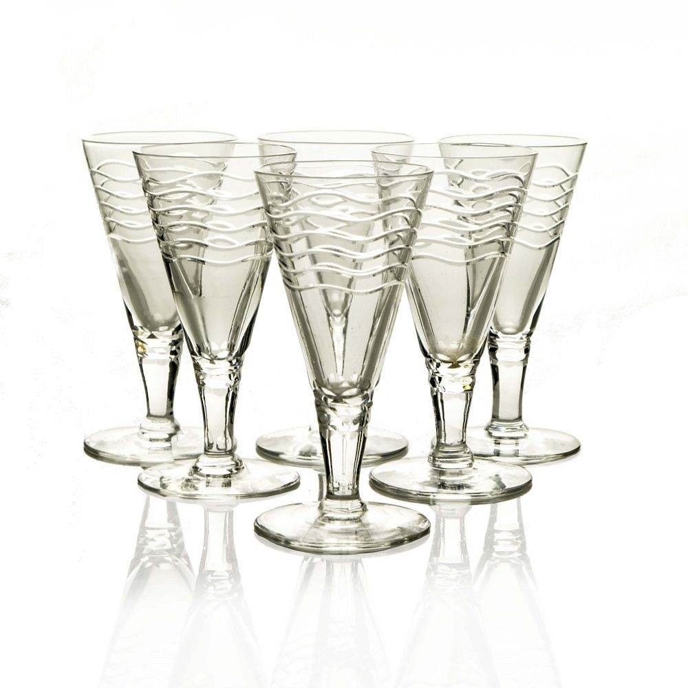 Art Deco Wine Glasses, Set of 3, Cut to Clear Floral
