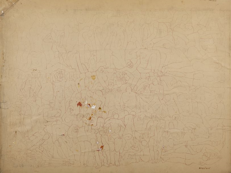 Amédée Ozenfant, Tirage reprographique à l'encre mauve, collé sur carton,  signé à l'encre en bas à droite H