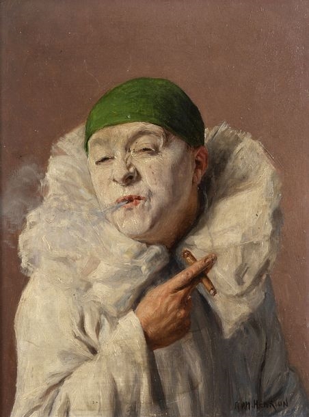 clown smoking a cigarette painting Soir Bleu, 1914 By Edward Hopper (18821967) Whitney Museum of American Art Oil on canvas, 91.8  182.7 cm The scene takes place at an outdoor caf at night. Several people sit Armand (Franois Joseph) Henrion -