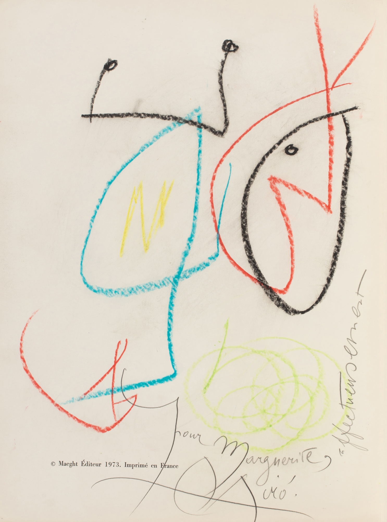 Joan Miró  Dessin original signé au crayon gras, avec envoi., sur