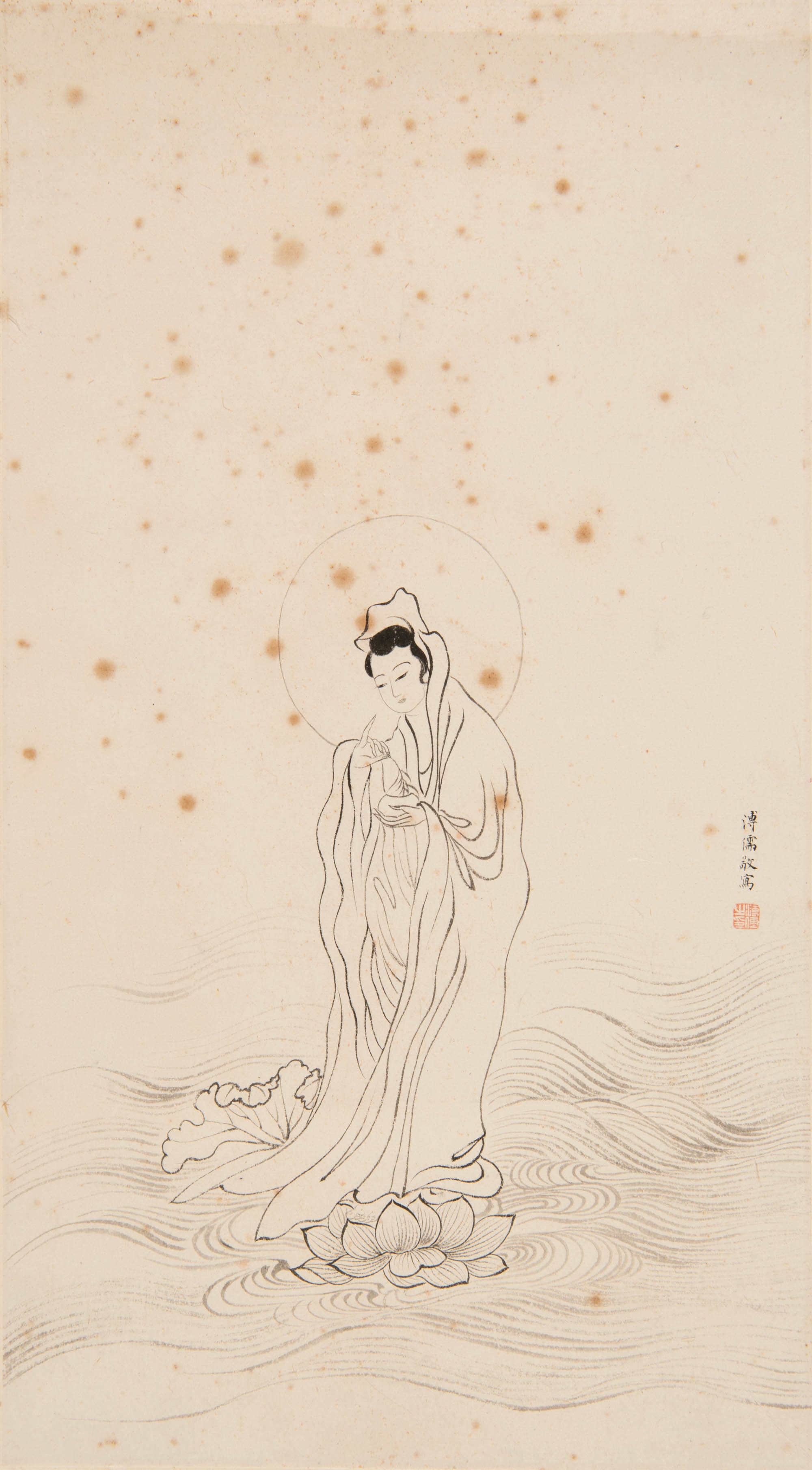 Pu Ru | 溥儒 白描觀音像鏡片 A Chinese painting of a Guanyin  