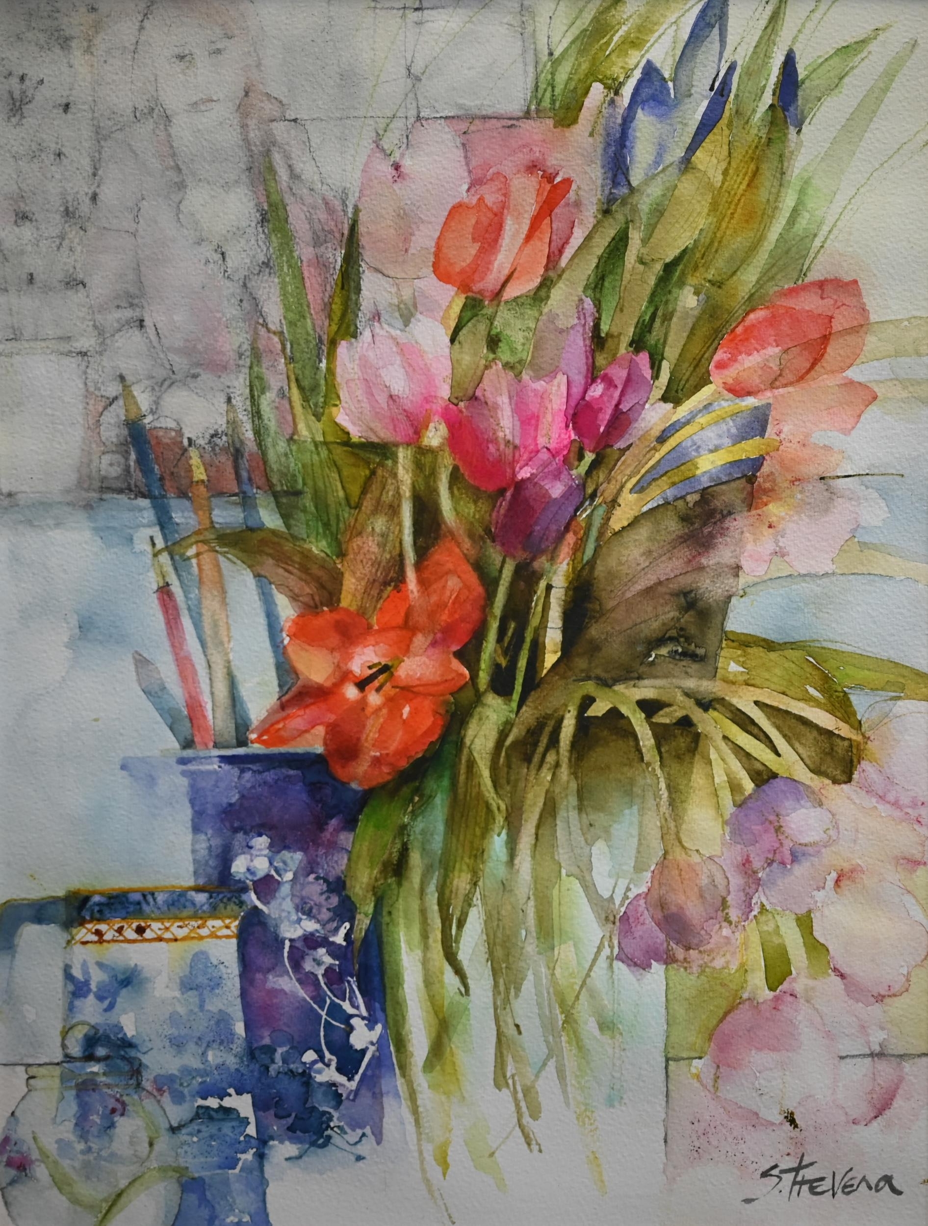 Shirley Trevena | Spring flowers in the studio; Paper flower in a