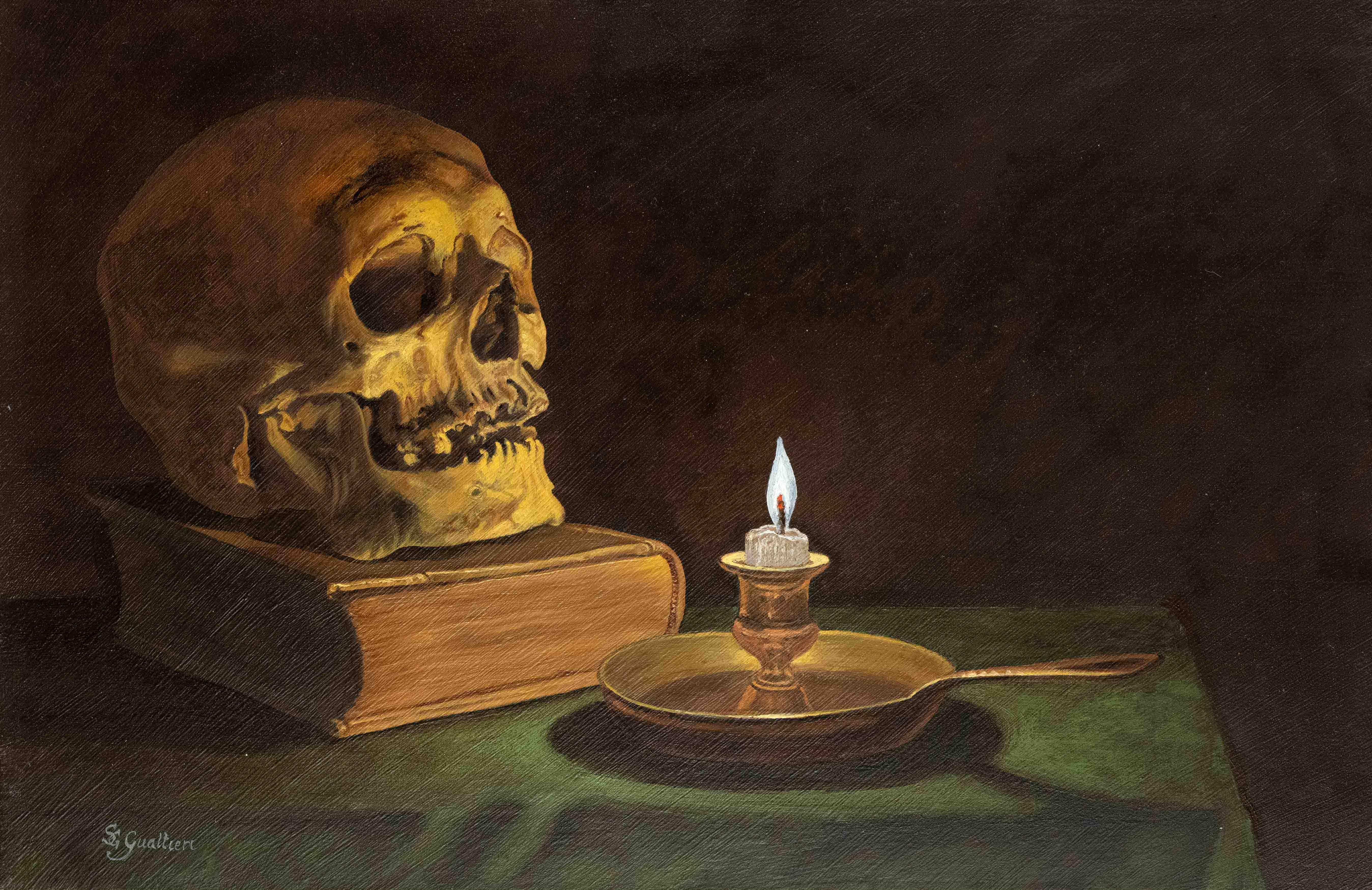 Gianrico Gualtieri | Still life with book, candle and skull