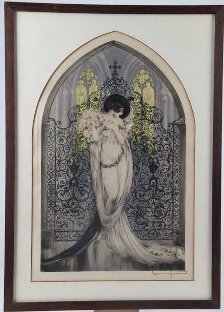 Louis Icart | Elegant woman with a bouquet of roses in a chapel