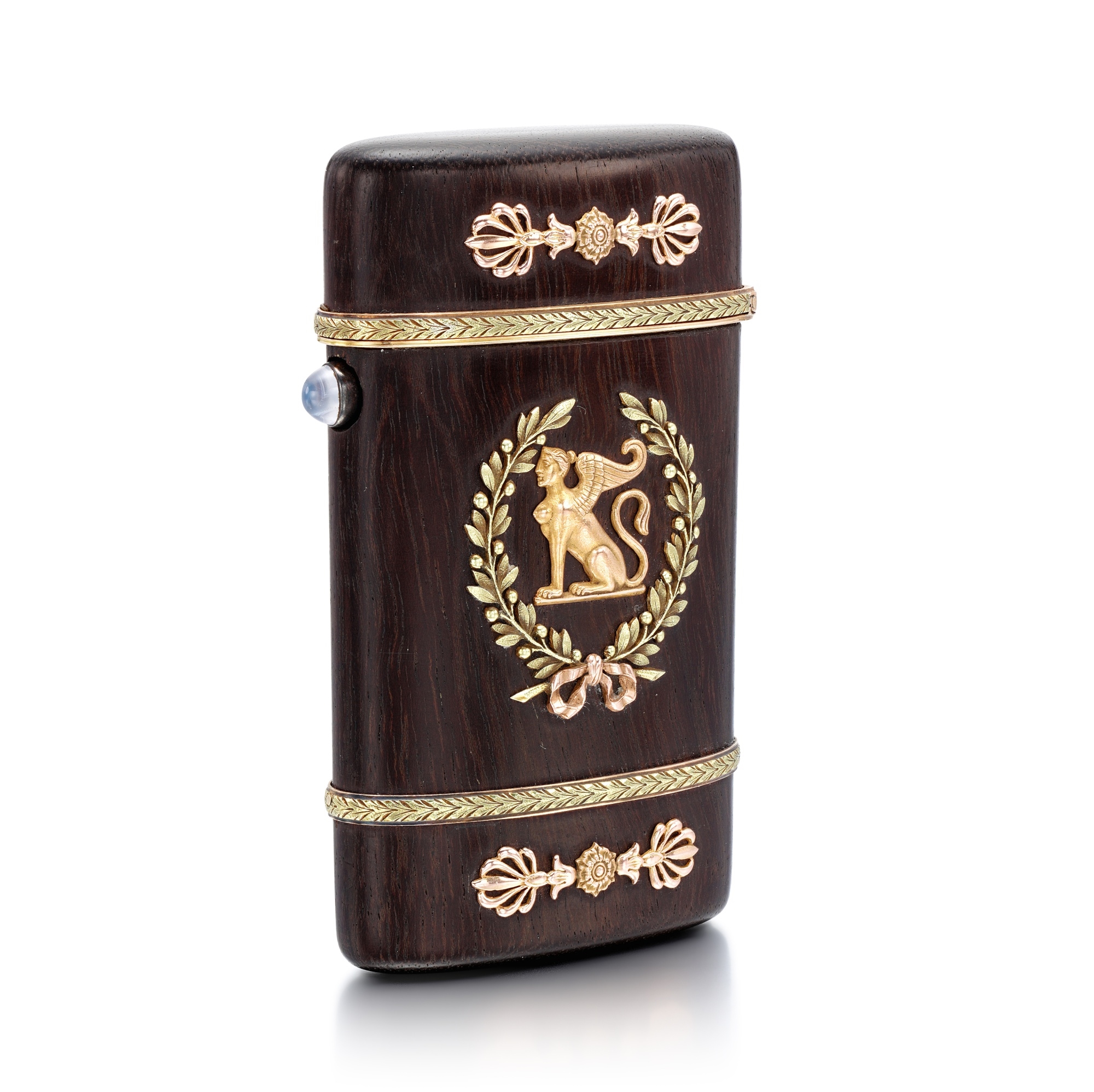 faberge cigarette lighter Henrik Wigström | A Fabergé gem-set varicoloured gold and palisander wood  cigarette case, workmaster Henrik Wigström, St Petersburg