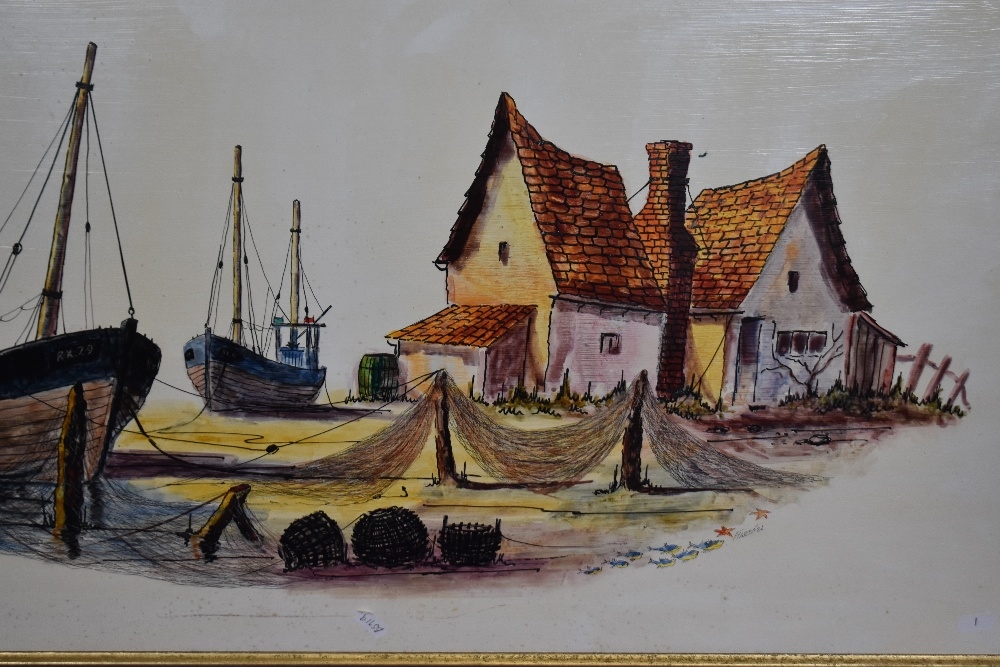 Hischel, A vintage fishing boat scene with creels to the foreground