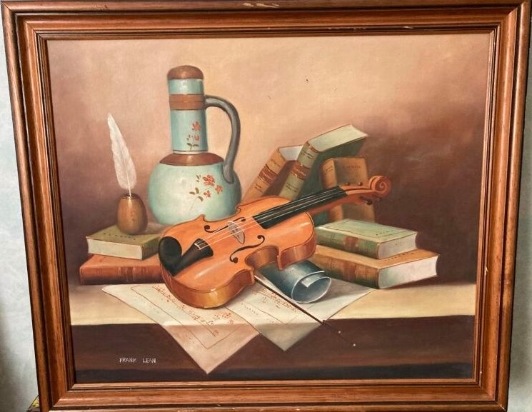 Original Still Life oil painting on canvas, Books, Violin, Framed