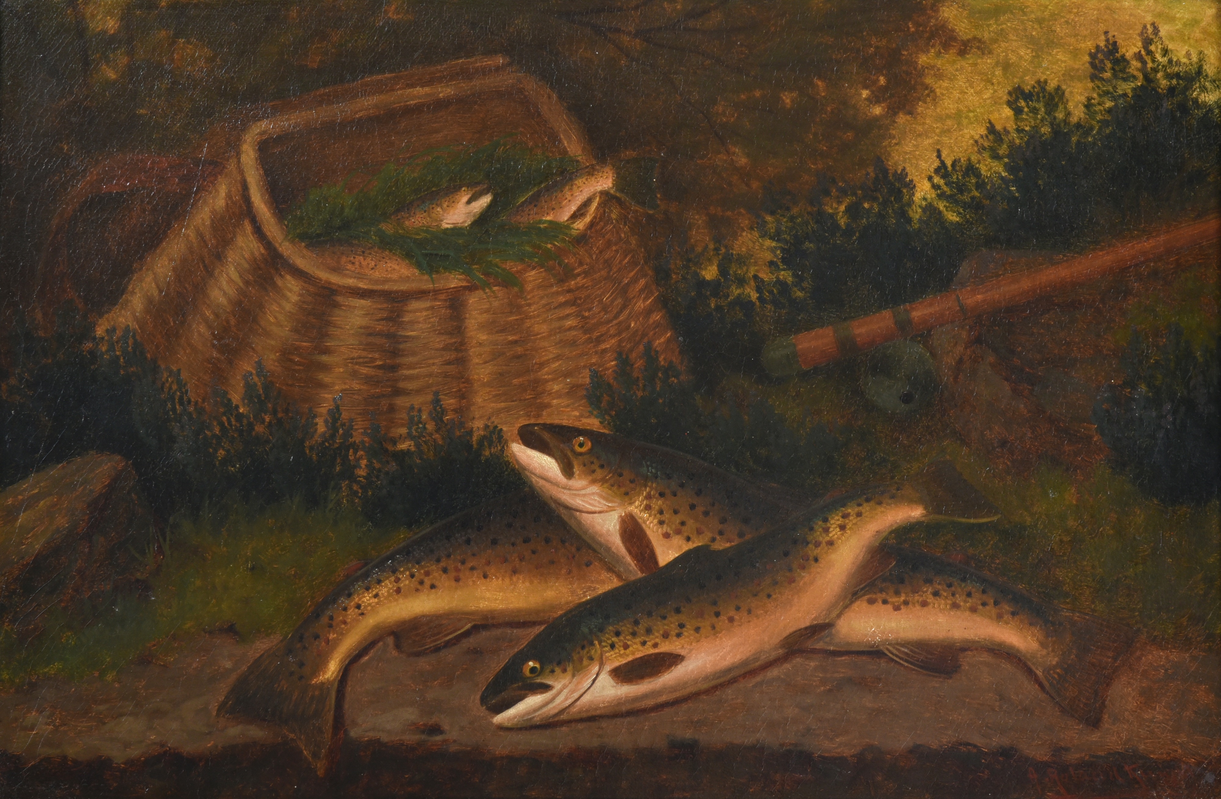 A. Roland Knight, The day's catch, trout, creel and rod on the river bank