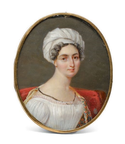 French School, 19th Century, MINIATURE PORTRAIT of a busty woman with a  white bonnet and flowery shawl