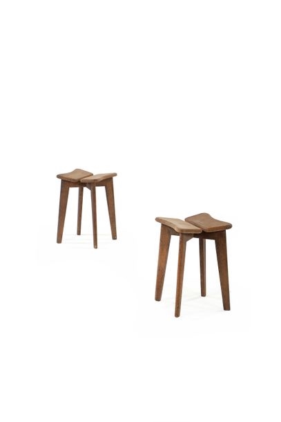Marcel Gascoin | Pair of Trèfle stools Oak 45 x 30 x 30 cm. Arhec